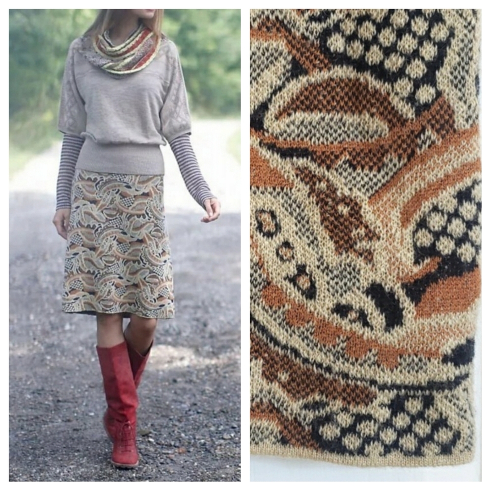 Anthropologie SPARROW Sweater Knit Skirt Abstract Forest Print Navy Tan Mustard - Picture 9 of 10